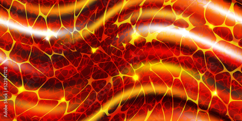 Seamless wavy pattern of volcano lava river or glowing magma surface top view. Abstract vector background. Molten metal effect. Liquid steel. Red, yellow, orange, black gradient. Fire wallpaper