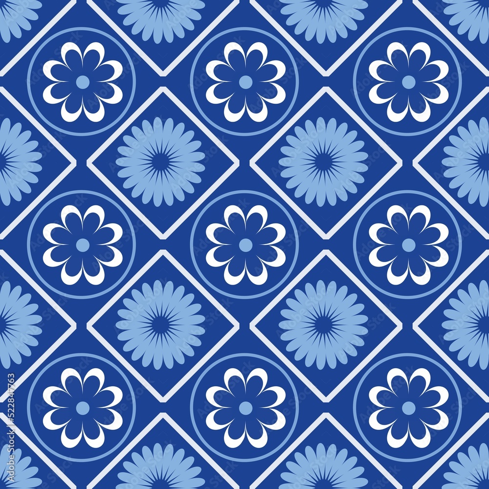 Blue white seamless background with flowers..Abstract, repeating regular pattern for print..Graphic design with regular shapes. Blue white seamless background with flowers..Abstract, repeating regular pattern for print..Graphic design with regular shapes.