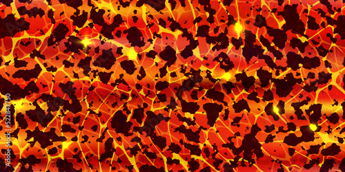 Seamless texture of volcanic lava with cracked ground pattern. Hot magma surface top view. Broken crust with liquid flame. Abstract vector background. Molten stones. Volcano eruption wallpaper