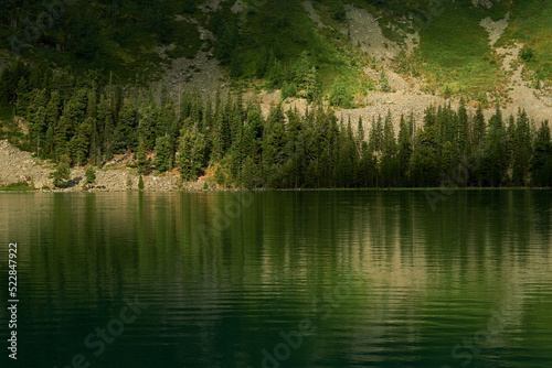 The green slopes of the Altai Mountains are reflected in the water of the Multinskoye Lake of the Katunsky Reserve
