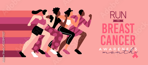 Slika na platnu Breast Cancer Awareness month pink women group running card
