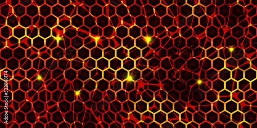 Seamless pattern of volcanic lava with honeycomb stones texture. Hot magma surface top view. Broken ground with liquid fire. Abstract vector background. Cracked earth. Volcano eruption wallpaper