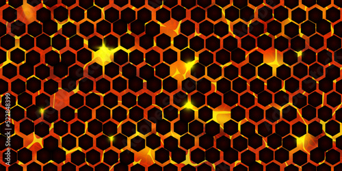 Seamless pattern of volcanic lava with cracked honeycomb ground texture. Hot magma surface top view. Broken crust with liquid flame. Abstract vector background. Molten stones. Volcano eruption