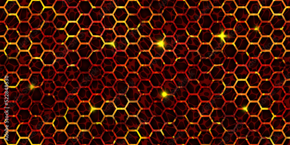 Seamless honeycomb texture of magma surface top view. Volcanic lava with cracked ground pattern. Hot Broken crust with liquid flame. Abstract vector background. Molten stones. Volcano eruption Seamless honeycomb texture of magma surface top view. Volcanic lava with cracked ground pattern. Hot Broken crust with liquid flame. Abstract vector background. Molten stones. Volcano eruption