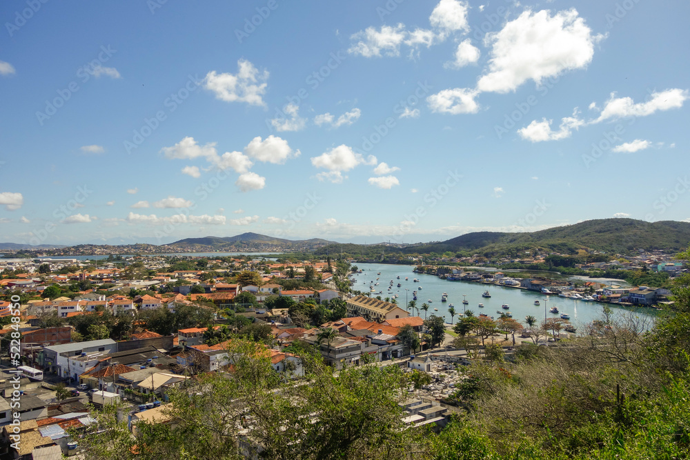 panoramic view over Araruama lagoon and cityscape in Cabo Frio, RJ, Brazil, on a sunny day