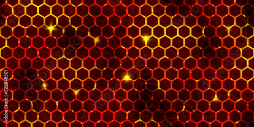 Seamless texture of lava with cracked honeycomb ground pattern. Hot magma surface top view. Broken crust with liquid flame. Abstract vector background. Volcanic molten stones. Volcano eruption