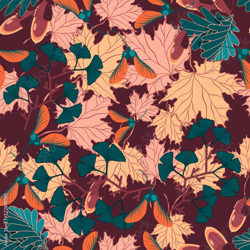 Seamless floral vector pattern with autumn leaves, oak acorns and ginkgo branches 