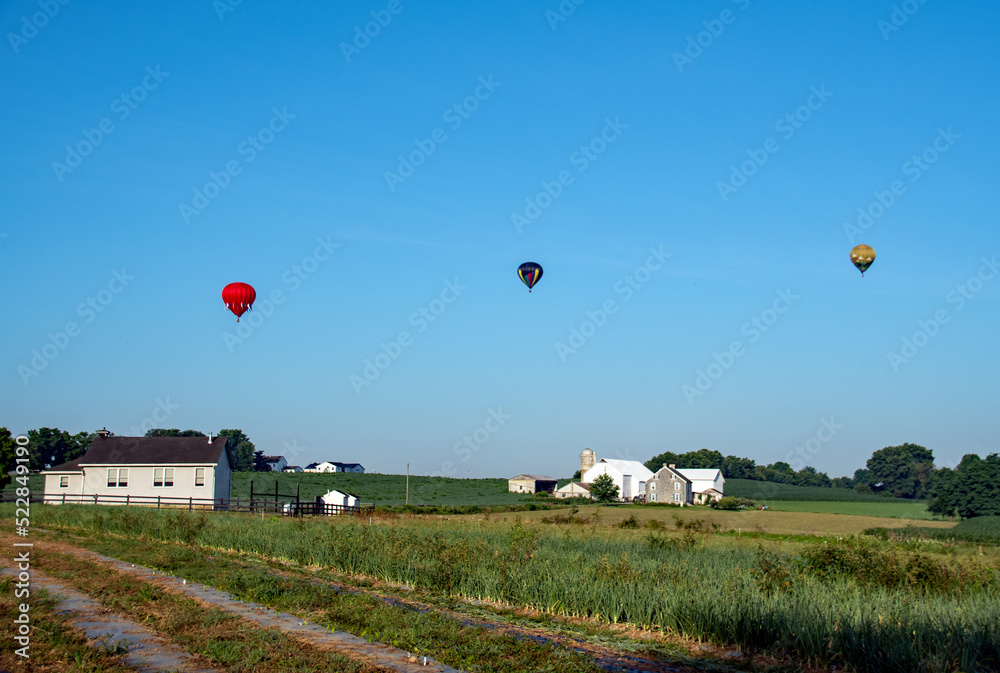 Obraz premium Hot air balloons rise in the sky behind an Amish school in the early morning hours of on a summer day. 