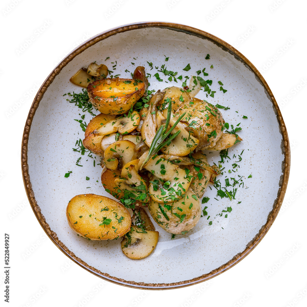 Fried mini potatoes with mushrooms and greenery isolated on white background Fried mini potatoes with mushrooms and greenery isolated on white background