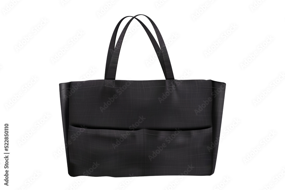 Black mockup of canvas totebag with cloth texture isolated from background. Eco friendly shopper. Zero waste illustration. Vector template. Fabric shopping sack. Tote bag with handles and pockets Black mockup of canvas totebag with cloth texture isolated from background. Eco friendly shopper. Zero waste illustration. Vector template. Fabric shopping sack. Tote bag with handles and pockets