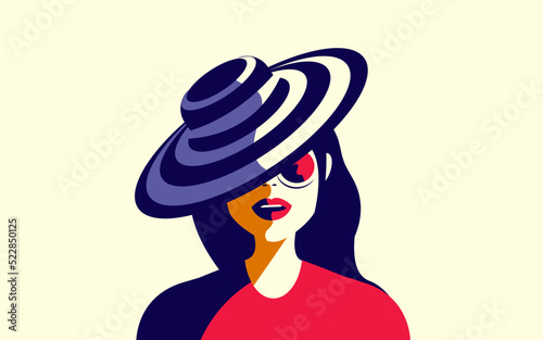 Vector illustration of a portrait of a beautiful feminine woman in a hat in a retro style.