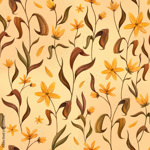 Flowers seamless pattern. Beautiful and delicate hand drawn oil-styled yellow flowers and brown stems, leaves and petals on a beige background.