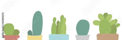Set of cute homemade cacti. Minimalistic vector illustration of house plants. Cacti in colorful pots. Cactus without thorns. Flat style illustration with white isolated background.