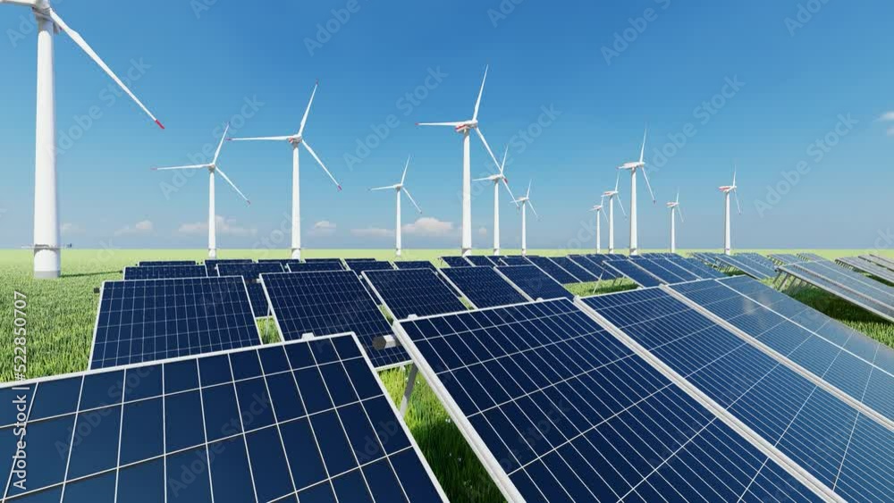 ULTRA HD. Solar power plant and windmills. Renewable energy, green tech. Green energy, renewable energy concept. Photovoltaic panels.