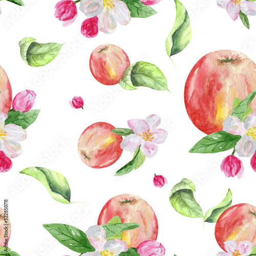 Seamless pattern with delicate flowers, green leaves and an apple. Watercolor background of flowers and fruits for textiles, wallpaper, packaging, office and bed linen.