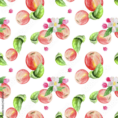 Seamless pattern with delicate flowers  green leaves and an apple. Watercolor background of flowers and fruits for textiles  wallpaper  packaging  office and bed linen.