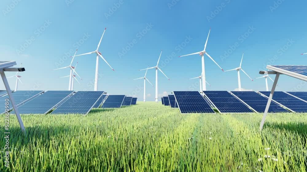 4K Animation with solar panel cells and spinning wind turbines on the eco energy farm. Power generators produce electricity with wind and solar panels with sunlight. This is clean and green industry.
