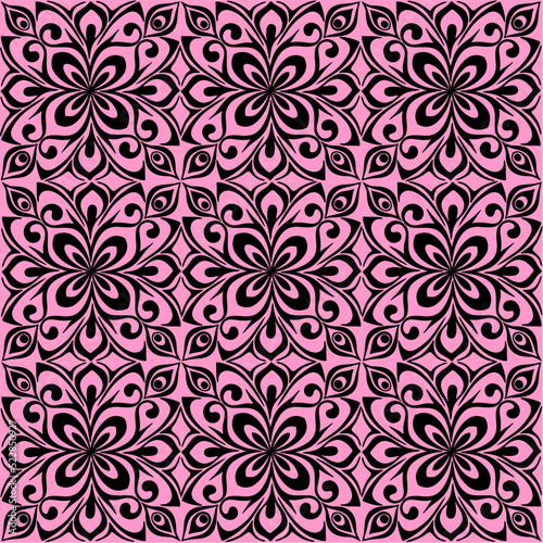 seamless graphic pattern, floral black ornament tile on pink background, texture, design