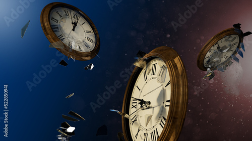 Time clock breaking in flying pieces on black background. 3D rendering 