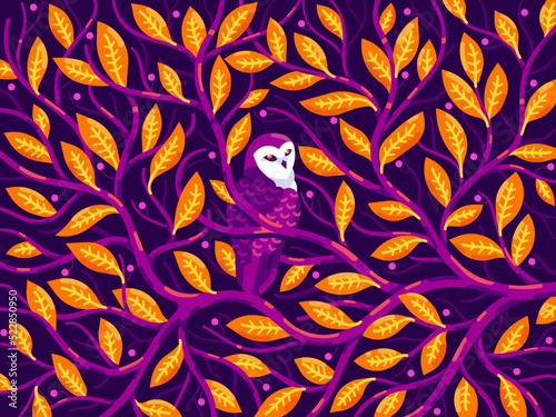 Pattern with tree branches. Forest bird owl on a tree. Flat vector illustration