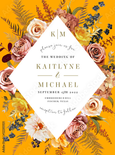 Baroque orange frame, arranged leaves and flowers. Burnt orange garden rose, white dahlia, caramel hydrangea