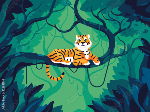 Tiger in the tropical jungle. Cartoon tiger lies on a tree branch. Wild cat in nature. Flat vector illustration photo