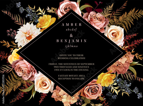 Elegant dark frame, arranged leaves and flowers. Burnt orange garden rose, white dahlia, caramel hydrangea, berry