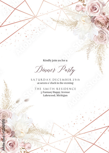 Flower geometric line art vector design frame with glitter. Wedding watercolor flowers
