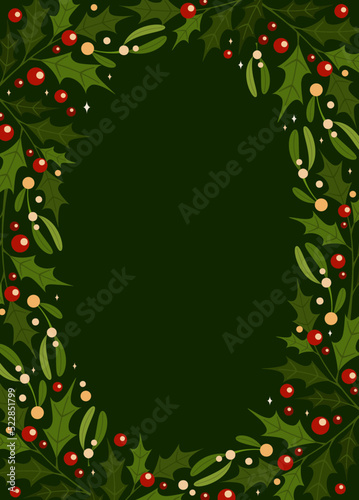 Mistletoe ilex frame oval in flat style on green background.