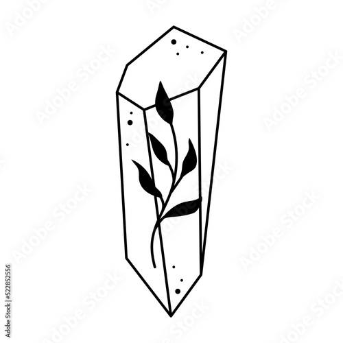 Line mystic crystal with leaves inside. Pressures gemstone with botanical floral decor. Boho linear vector