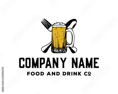 Drink Beer glass with spoon and Fork Logo Vector. Glass or ceramic mugs filled of golden light beer with overflowing froth heads. Isolated on white background, for brewery emblem or beer party design