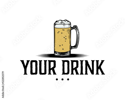 Drink Beer glass Logo Vector. Glass or ceramic mugs filled of golden light beer with overflowing froth heads. Isolated on white background, for brewery emblem or beer party design