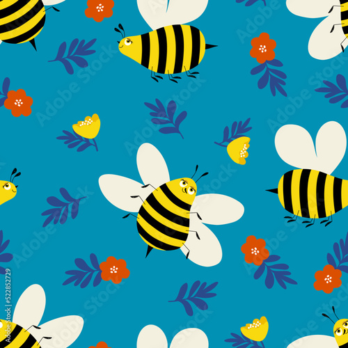 Cute cheerful bees and flowers on a blue background. Endless background. Seamless Repeat Pattern. Cartoon doodle. Vector pattern  design for textiles  packaging  paper.