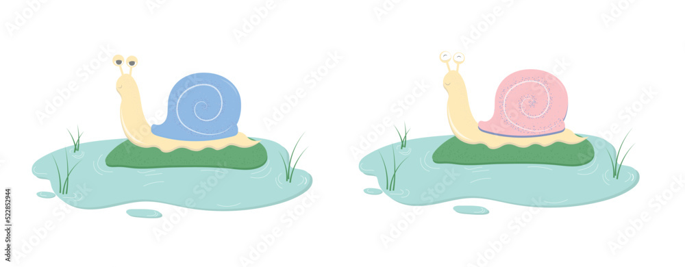 Vector snail child cartoon illustration, snail on the lake with grass, lazy snail illustration