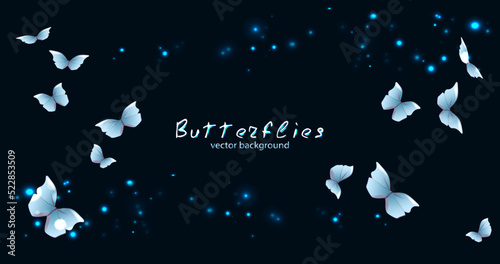 Fototapeta Naklejka Na Ścianę i Meble -  Dark abstract background with blue butterflies
