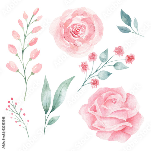 Obraz na płótnie Set of hand painted pink watercolor flowers and greenery leaves. w salonie