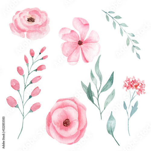 Obraz na płótnie Set of hand painted pink watercolor flowers and greenery leaves. w salonie