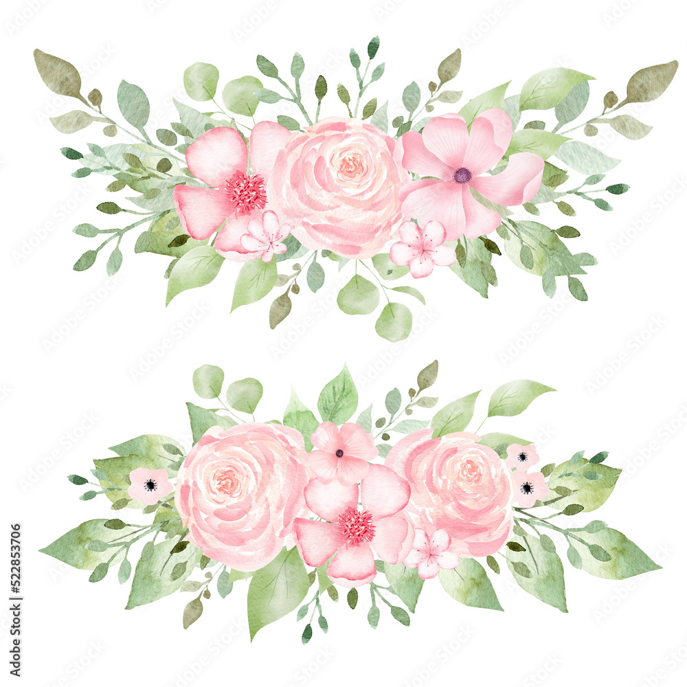Watercolor bouquet of pink flowers and leaves