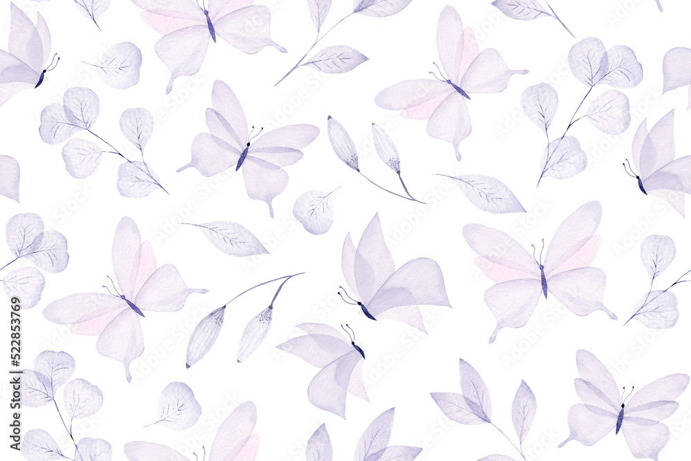 Watercolor butterfly and flowers seamless pattern hand drawn