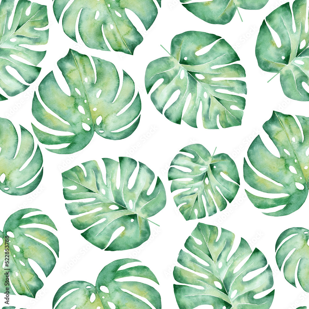 Watercolor seamless pattern with tropical leaves: palms, monstera. Beautiful allover print with hand drawn exotic plants.