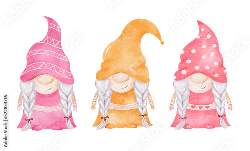 Obraz na płótnie Pink and Yellow Watercolor Easter Gnome Clipart w salonie