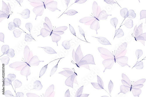 Watercolor butterfly and flowers seamless pattern hand drawn