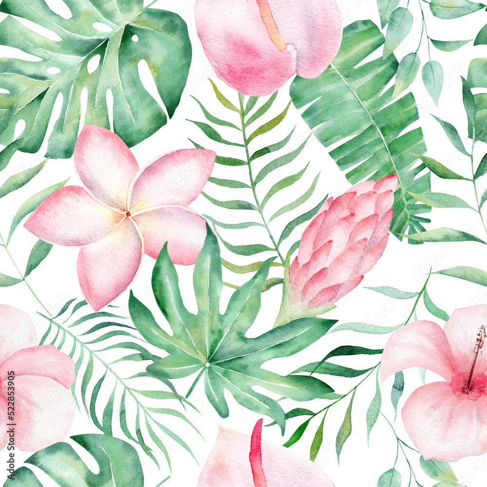 Watercolor seamless pattern with tropical leaves: palms, monstera. Beautiful allover print with hand drawn exotic plants.