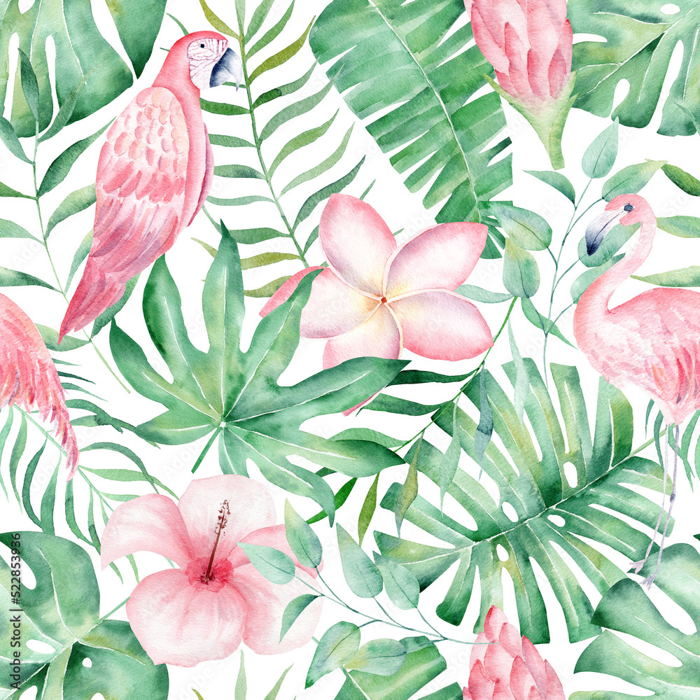 Watercolor seamless pattern with tropical leaves: palms, monstera. Beautiful allover print with hand drawn exotic plants.