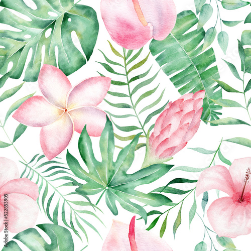Obraz na płótnie Watercolor seamless pattern with tropical leaves: palms, monstera. Beautiful allover print with hand drawn exotic plants. w salonie