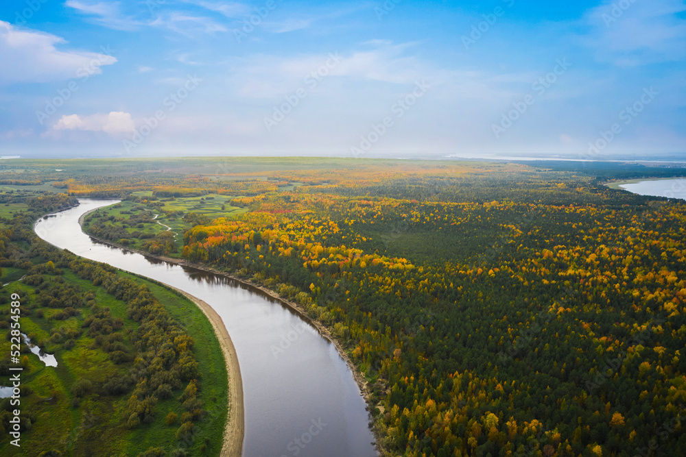 Aerial view of the autumn forest with winding riverbeds and many small lakes. Swampy area. Shooting from a drone.