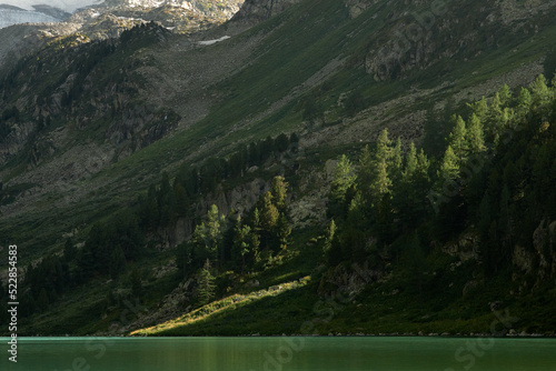 The smooth surface of a glacial lake at the foot of the Altai Mountains in the Katunsky Reserve photo