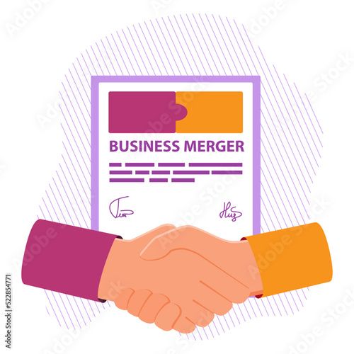 Mergers and acquisitions.Partnership or work together.Business team constructing.Negotiation to make agreement businessmen about to shaking hand. Isolated on white background. Vector flat illustration