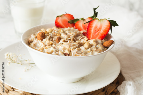 Oatmeal breakfast  mix of rolled oats, milk  and nuts
