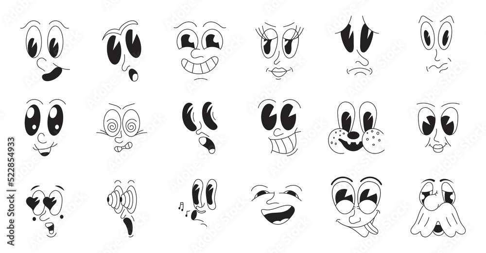 Mascot characters set vector in retro 30s cartoon style. Cute, funny faces,  as examples of 50s, 60s old animation style. Stock Vector | Adobe Stock
